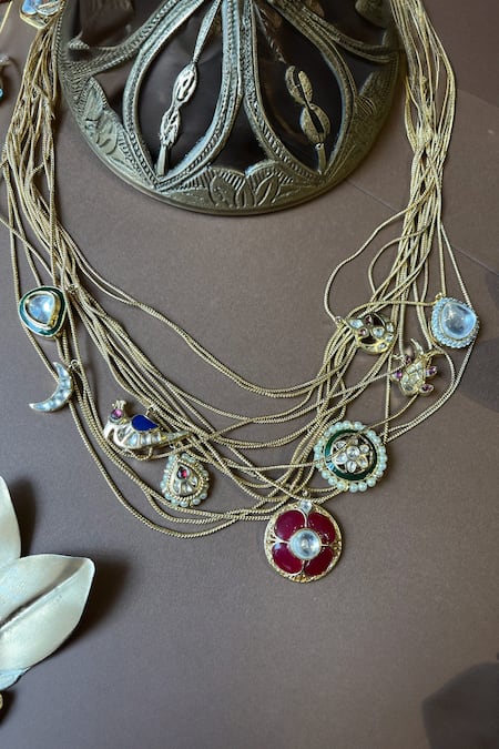 Shop Vasundhara Gold Plated Rhodium Layered Necklace at Aza Fashions Shop_Vasundhara_Gold Plated Rhodium Layered Necklace_at_Aza_Fashions