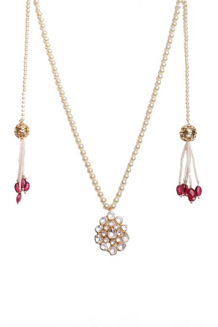Vasundhara_Gold Plated Floral Pendant Necklace With Faux Pearls _Online_at_Aza_Fashions