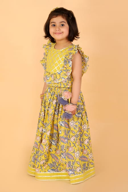 Buy_Lil Drama_Yellow Cotton Gota Patti Floral Printed Lehenga Set With Ruffle Blouse _Online_at_Aza_Fashions