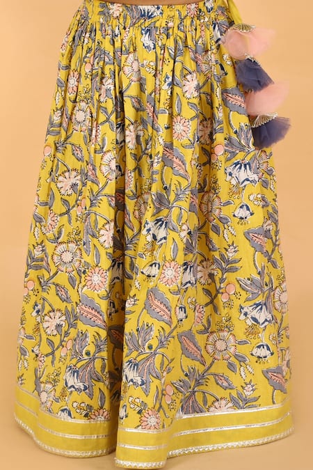 Shop_Lil Drama_Yellow Cotton Gota Patti Floral Printed Lehenga Set With Ruffle Blouse _Online_at_Aza_Fashions