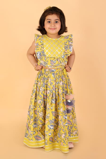 Buy_Lil Drama_Yellow Cotton Gota Patti Floral Printed Lehenga Set With Ruffle Blouse 