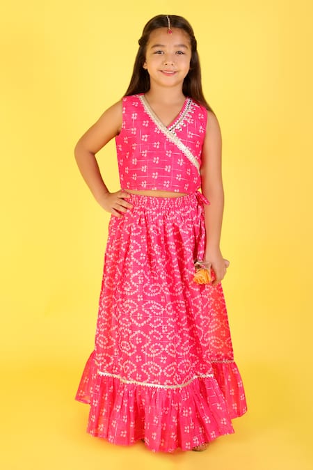 Lil Drama Pink Chanderi, Cotton Gota Patti Bandhani Print Frill Lehenga Set Online at Aza Fashions Lil Drama_Pink Chanderi, Cotton Gota Patti Bandhani Print Frill Lehenga Set _Online_at_Aza_Fashions