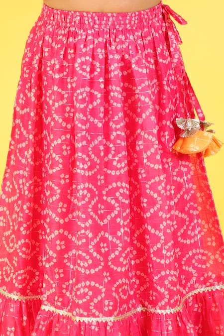 Buy Lil Drama Pink Chanderi, Cotton Gota Patti Bandhani Print Frill Lehenga Set Online at Aza Fashions Buy_Lil Drama_Pink Chanderi, Cotton Gota Patti Bandhani Print Frill Lehenga Set _Online_at_Aza_Fashions