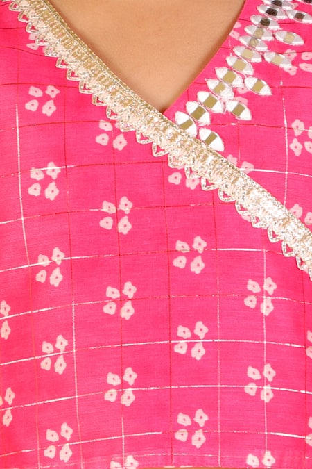 Shop Lil Drama Pink Chanderi, Cotton Gota Patti Bandhani Print Frill Lehenga Set Online at Aza Fashions Shop_Lil Drama_Pink Chanderi, Cotton Gota Patti Bandhani Print Frill Lehenga Set _Online_at_Aza_Fashions
