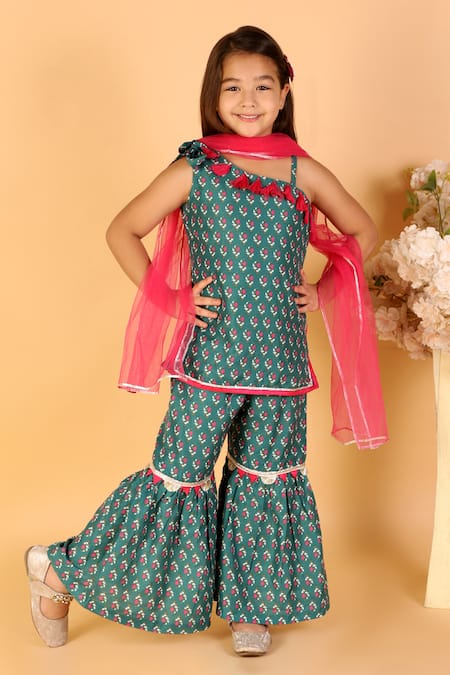 LIL DRAMA Floral Print One Shoulder Kurta Sharara Set 