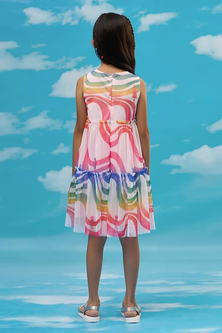 Shop Lil Drama White Polyester Multicolour Abstract Printed Tiered Dress at Aza Fashions Shop_Lil Drama_White Polyester Multicolour Abstract Printed Tiered Dress _at_Aza_Fashions