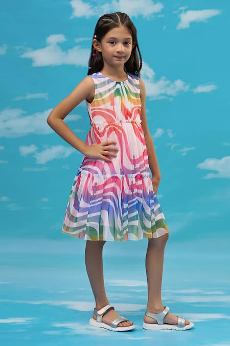 Lil Drama White Polyester Multicolour Abstract Printed Tiered Dress Online at Aza Fashions Lil Drama_White Polyester Multicolour Abstract Printed Tiered Dress _Online_at_Aza_Fashions