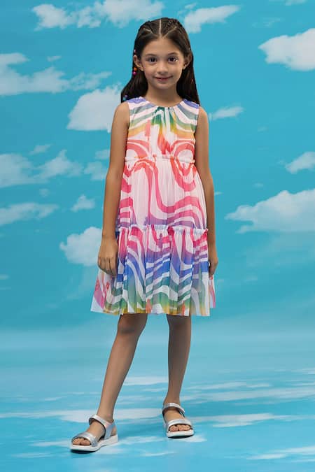 Shop Lil Drama White Polyester Multicolour Abstract Printed Tiered Dress Online at Aza Fashions Shop_Lil Drama_White Polyester Multicolour Abstract Printed Tiered Dress _Online_at_Aza_Fashions