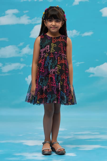 LIL DRAMA Black Tiered Dress with Barbie Print 