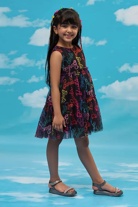 Buy_Lil Drama_Black Polyester Tiered Dress With Barbie Print _Online_at_Aza_Fashions