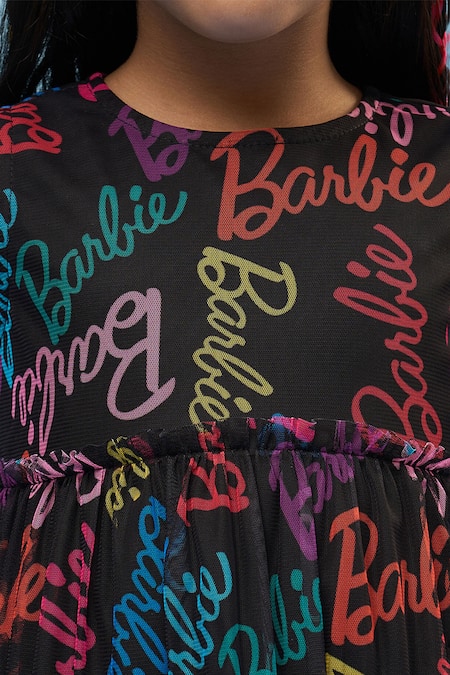 Shop_Lil Drama_Black Polyester Tiered Dress With Barbie Print _Online_at_Aza_Fashions