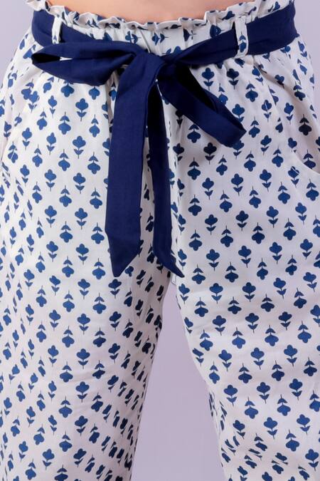 Buy_Lil Drama_White Cotton Floral Print Halter Neck Top And Pant Set _Online_at_Aza_Fashions