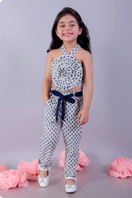 Shop_Lil Drama_White Cotton Floral Print Halter Neck Top And Pant Set _Online_at_Aza_Fashions