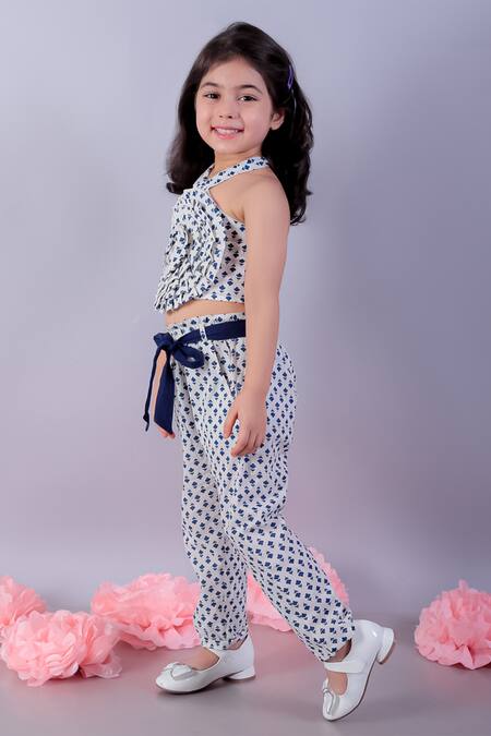 Lil Drama_White Cotton Floral Print Halter Neck Top And Pant Set _at_Aza_Fashions