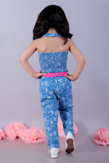 Shop_Lil Drama_Blue Cambric Printed Floral Vine Top And Pant Set _at_Aza_Fashions