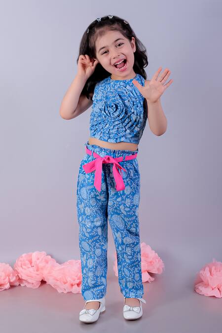 Lil Drama_Blue Cambric Printed Floral Vine Top And Pant Set _Online_at_Aza_Fashions