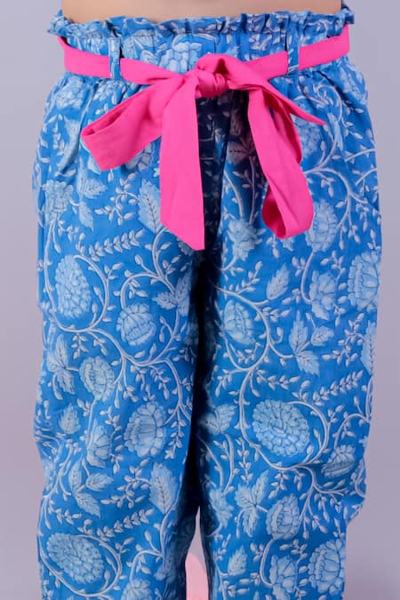 Buy_Lil Drama_Blue Cambric Printed Floral Vine Top And Pant Set _Online_at_Aza_Fashions