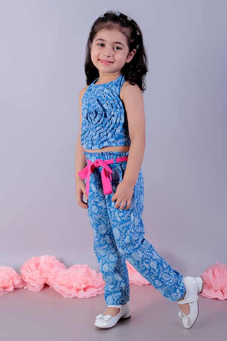 Lil Drama_Blue Cambric Printed Floral Vine Top And Pant Set _at_Aza_Fashions