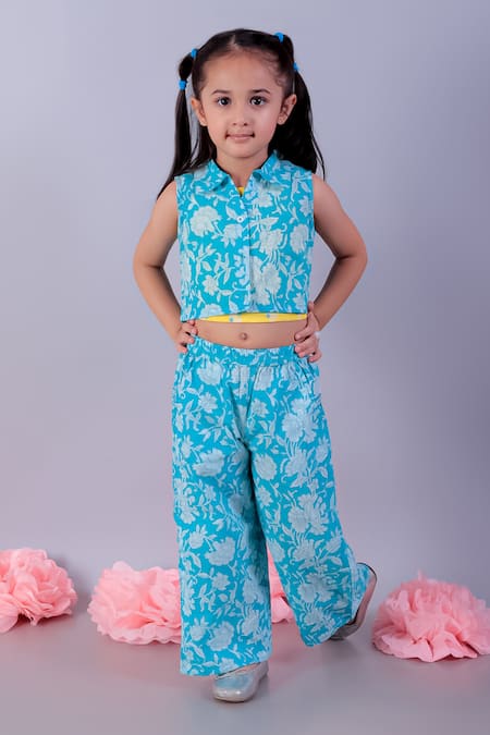 Lil Drama_Blue Cotton Embroidery Floral Vine Print Top And Pant Set _Online_at_Aza_Fashions