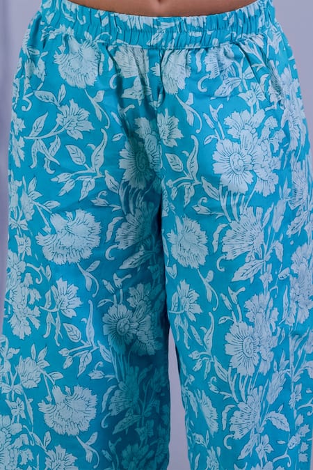 Buy_Lil Drama_Blue Cotton Embroidery Floral Vine Print Top And Pant Set _Online_at_Aza_Fashions