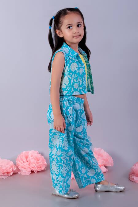 Shop_Lil Drama_Blue Cotton Embroidery Floral Vine Print Top And Pant Set _Online_at_Aza_Fashions