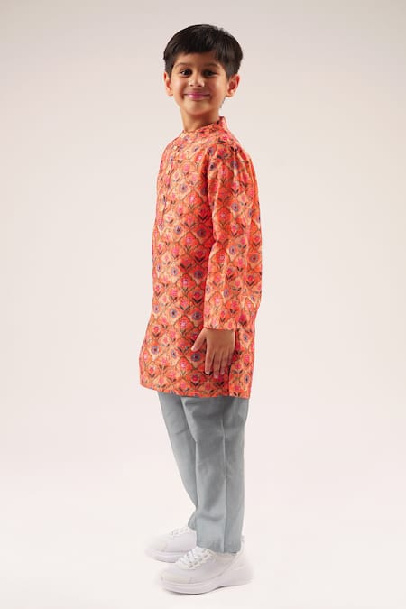 Lil Drama_Orange Chanderi, Cotton Floral Jaal Print Kurta Set _Online_at_Aza_Fashions