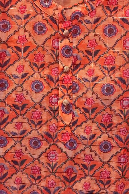 Shop_Lil Drama_Orange Chanderi, Cotton Floral Jaal Print Kurta Set _Online_at_Aza_Fashions