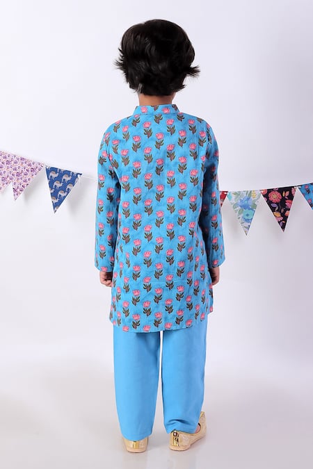 Shop Lil Drama Blue Cotton Embroidery, Gota Patti Floral Print Kurta Set at Aza Fashions Shop_Lil Drama_Blue Cotton Embroidery, Gota Patti Floral Print Kurta Set _at_Aza_Fashions