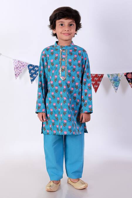 Lil Drama Blue Cotton Embroidery, Gota Patti Floral Print Kurta Set Online at Aza Fashions Lil Drama_Blue Cotton Embroidery, Gota Patti Floral Print Kurta Set _Online_at_Aza_Fashions
