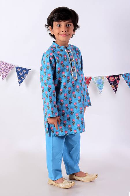 Buy Lil Drama Blue Cotton Embroidery, Gota Patti Floral Print Kurta Set Online at Aza Fashions Buy_Lil Drama_Blue Cotton Embroidery, Gota Patti Floral Print Kurta Set _Online_at_Aza_Fashions