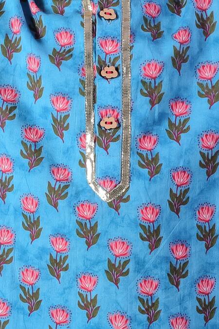 Shop Lil Drama Blue Cotton Embroidery, Gota Patti Floral Print Kurta Set Online at Aza Fashions Shop_Lil Drama_Blue Cotton Embroidery, Gota Patti Floral Print Kurta Set _Online_at_Aza_Fashions