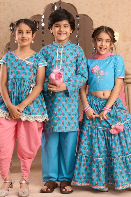 Buy Lil Drama Blue Cotton Embroidery, Gota Patti Floral Print Kurta Set Buy_Lil Drama_Blue Cotton Embroidery, Gota Patti Floral Print Kurta Set