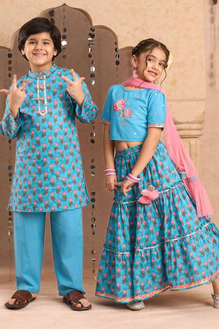 Shop Lil Drama Blue Cotton Embroidery, Gota Patti Floral Print Kurta Set Shop_Lil Drama_Blue Cotton Embroidery, Gota Patti Floral Print Kurta Set