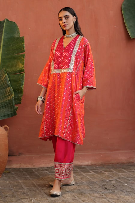 Begum Orange Silk, Satin Gota Patti, Embroidery V-neck Floral Phiran Kurta Set Online at Aza Fashions Begum_Orange Silk, Satin Gota Patti, Embroidery V-neck Floral Phiran Kurta Set _Online_at_Aza_Fashions
