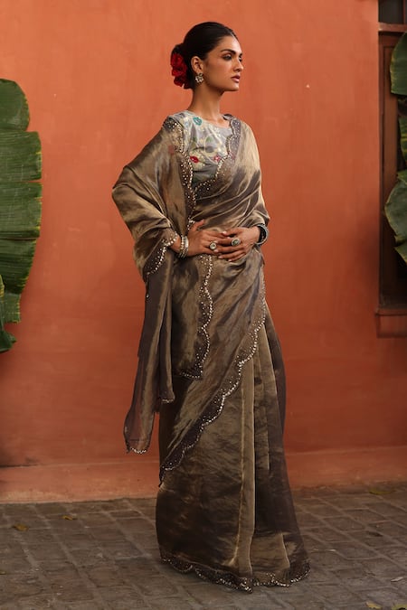 Shop Begum Gray Tissue, Silk, Brocade Embroidery, Sequins Gulkand Scallop Hem Saree Set at Aza Fashions Shop_Begum_Gray Tissue, Silk, Brocade Embroidery, Sequins Gulkand Scallop Hem Saree Set _at_Aza_Fashions