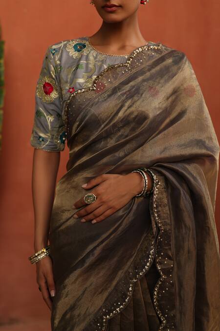 Begum_Gray Tissue, Silk, Brocade Embroidery, Sequins Gulkand Scallop Hem Saree Set _Online_at_Aza_Fashions