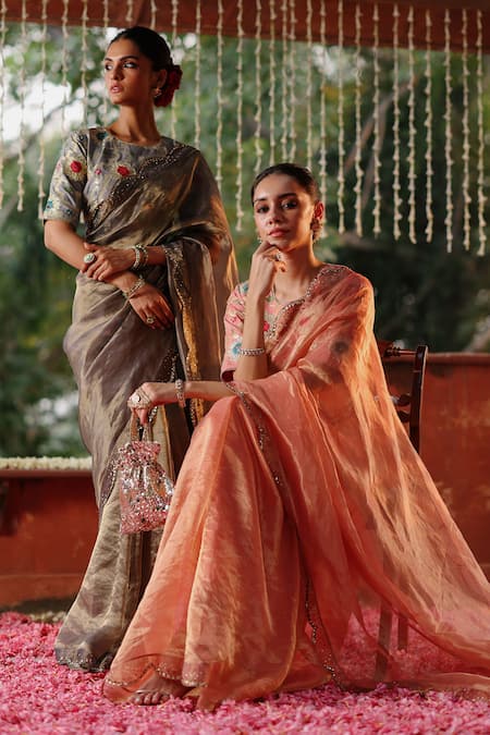 Begum Gray Tissue, Silk, Brocade Embroidery, Sequins Gulkand Scallop Hem Saree Set at Aza Fashions Begum_Gray Tissue, Silk, Brocade Embroidery, Sequins Gulkand Scallop Hem Saree Set _at_Aza_Fashions