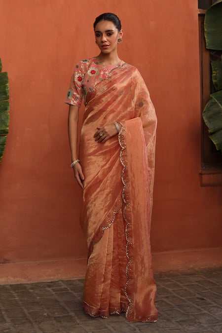 Begum Peach Sequin Embroidered Scallop Hem Saree 