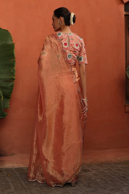 Begum Peach Sequin Embroidered Scallop Hem Saree 
