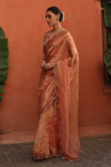 Begum_Peach Tissue, Silk, Brocade Embroidery, Sequins Round Neck Scallop Hem Saree _Online_at_Aza_Fashions