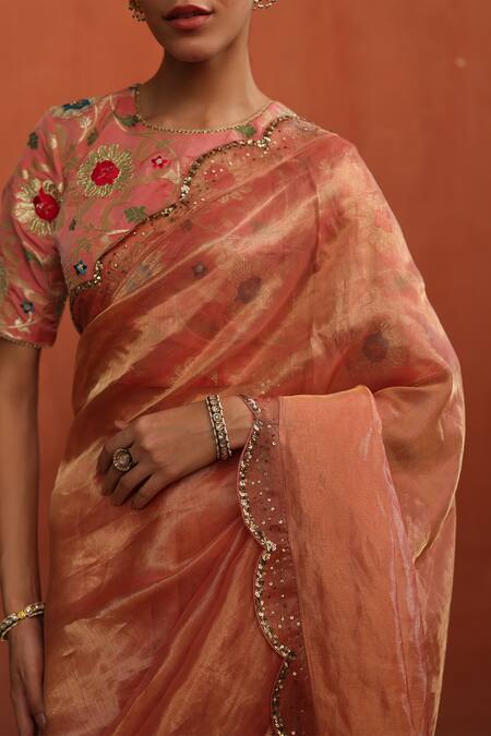 Buy_Begum_Peach Tissue, Silk, Brocade Embroidery, Sequins Round Neck Scallop Hem Saree _Online_at_Aza_Fashions