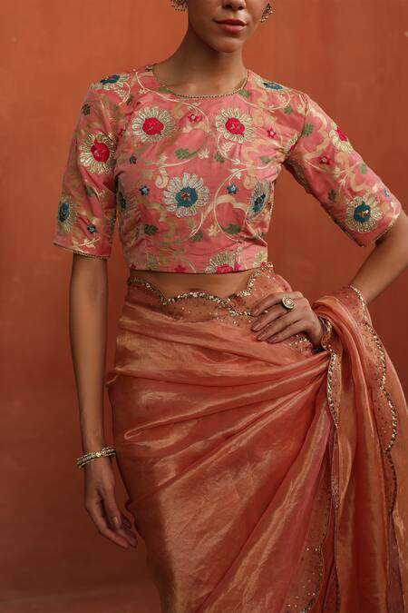 Begum_Peach Tissue, Silk, Brocade Embroidery, Sequins Round Neck Scallop Hem Saree _at_Aza_Fashions