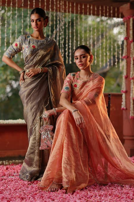 Shop_Begum_Peach Tissue, Silk, Brocade Embroidery, Sequins Round Neck Scallop Hem Saree 