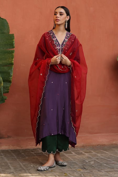 Begum_Purple Silk, Modal, Organza Embroidery Floral Veil Resham Embellished Kurta Set _Online_at_Aza_Fashions