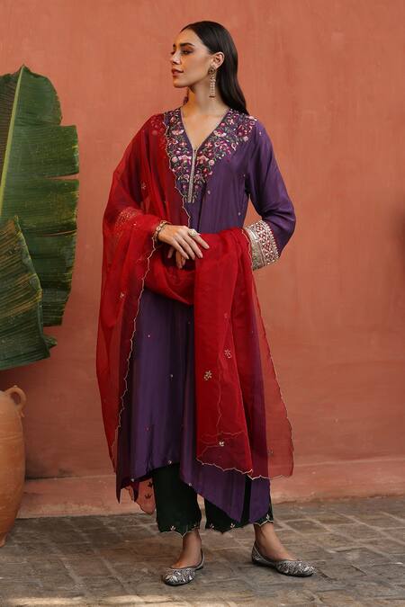 Buy_Begum_Purple Silk, Modal, Organza Embroidery Floral Veil Resham Embellished Kurta Set _Online_at_Aza_Fashions