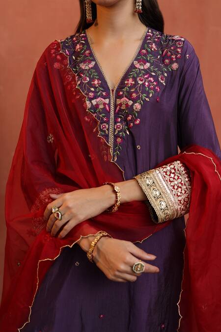 Shop_Begum_Purple Silk, Modal, Organza Embroidery Floral Veil Resham Embellished Kurta Set _Online_at_Aza_Fashions