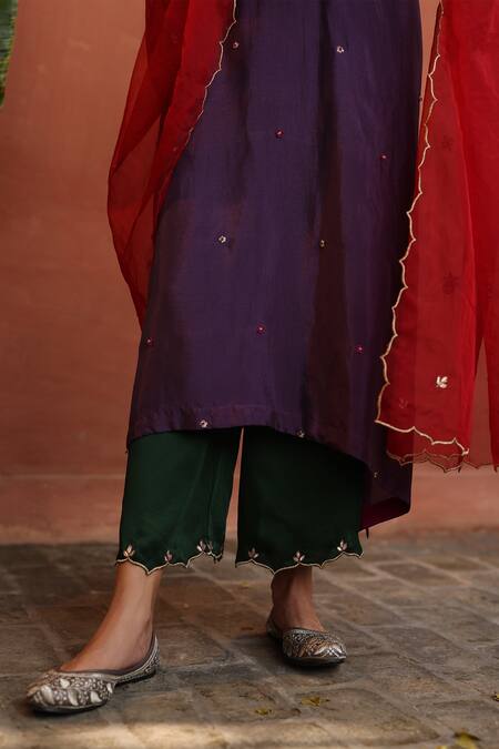 Begum_Purple Silk, Modal, Organza Embroidery Floral Veil Resham Embellished Kurta Set _at_Aza_Fashions