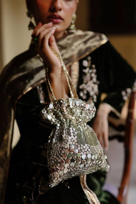 Shop Begum Green Velvet, Silk Gota Patti, Zari V-neck Hand Embroidered Kurta Set Online at Aza Fashions Shop_Begum_Green Velvet, Silk Gota Patti, Zari V-neck Hand Embroidered Kurta Set _Online_at_Aza_Fashions