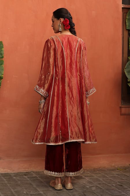 Shop Begum Orange Tissue, Satin, Velvet Sequins, Designer Embroidered Anarkali Pant Set at Aza Fashions Shop_Begum_Orange Tissue, Satin, Velvet Sequins, Designer Embroidered Anarkali Pant Set _at_Aza_Fashions