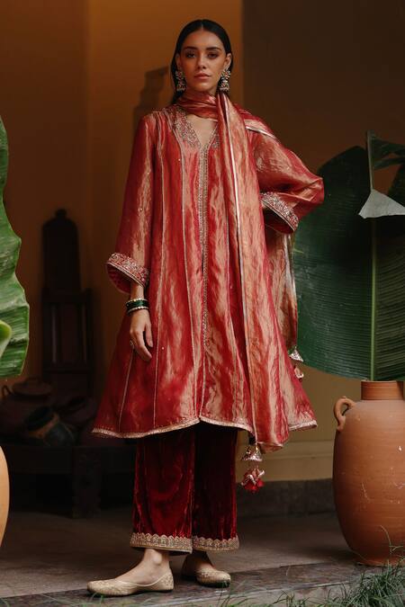 Begum Orange Tissue, Satin, Velvet Sequins, Designer Embroidered Anarkali Pant Set Online at Aza Fashions Begum_Orange Tissue, Satin, Velvet Sequins, Designer Embroidered Anarkali Pant Set _Online_at_Aza_Fashions